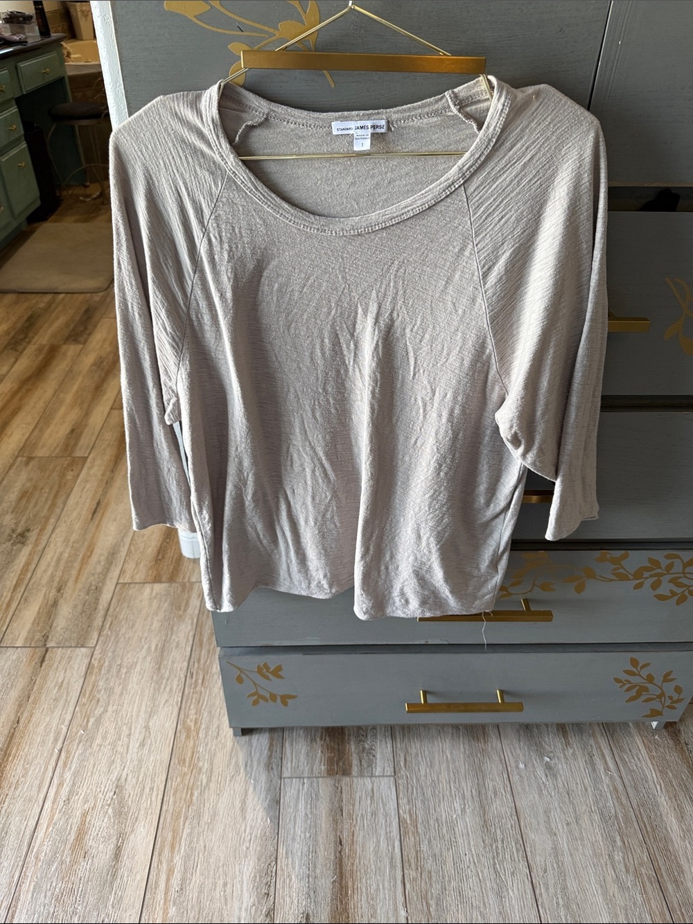 James Perse Light Taupe Long Sleeve Scoop Neck Top